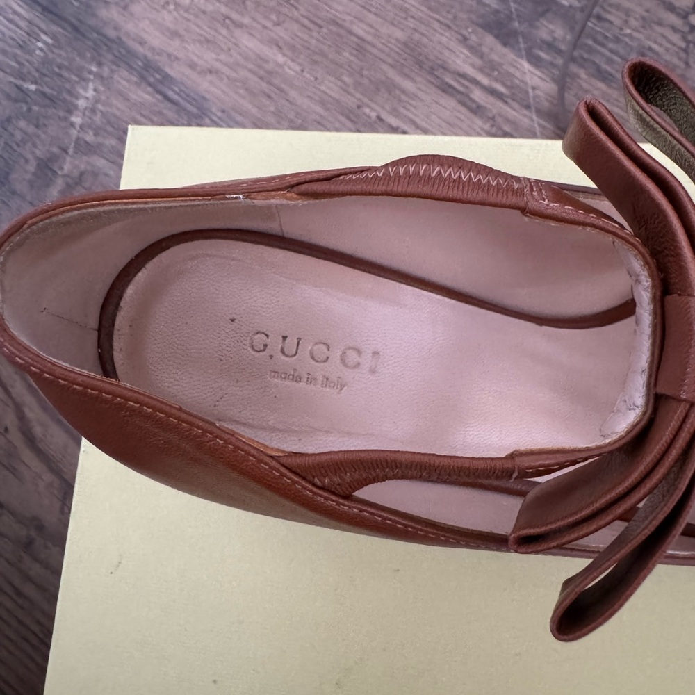 Gucci Brown Bonny Bow Crystal Chain leather Pumps Woman 37 w/ shoe bag - NO BOX - Picture 12 of 16